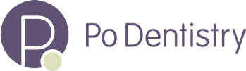 The image displays a logo with text that reads PO DENTISTRY and includes a purple graphic element, which appears to be a stylized letter P within a square, set against a light grey background.
